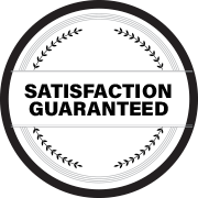 A black and white satisfaction guaranteed seal with laurel wreaths around it.