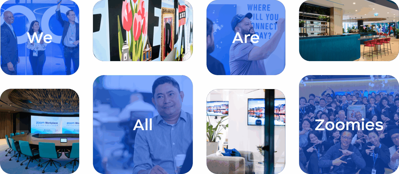 Blue-tinted collage of office scenes and Zoomies branding, with screens and people in a meeting room