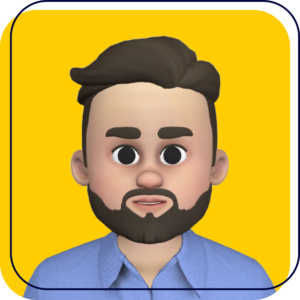 Cartoon avatar with dark hair and beard on a yellow background