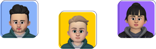 Three cartoon avatar icons stacked vertically on a white background, each in a colored square frame.