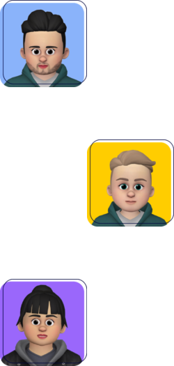 Three cartoon avatar icons stacked vertically on a white background, each in a colored square frame.