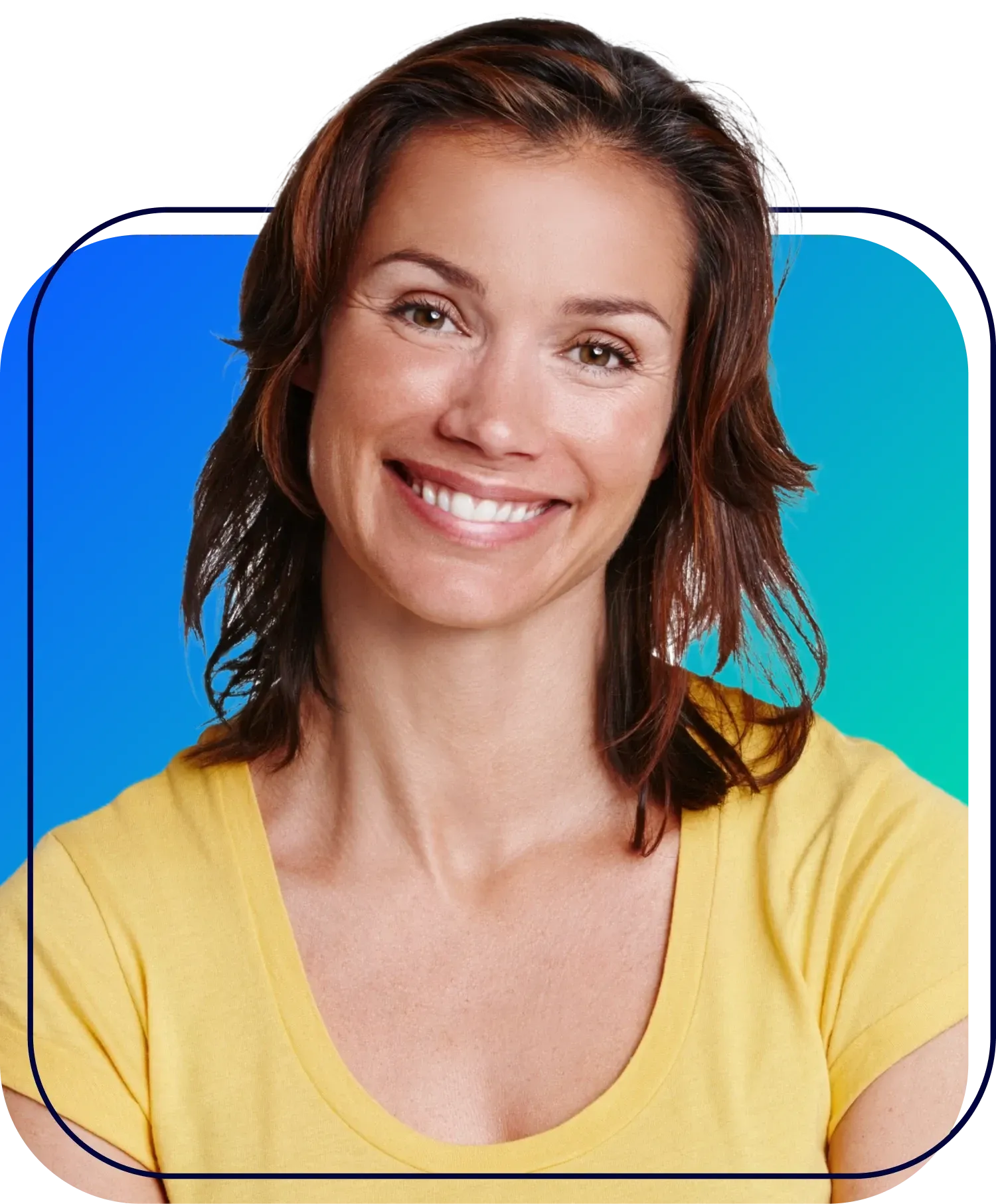 Smiling woman in a yellow shirt against a blue gradient background