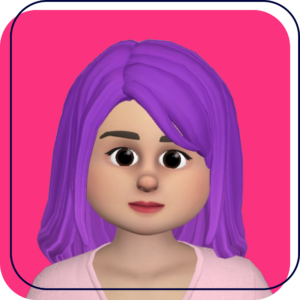 Cartoon avatar with purple hair on a pink background, looking forward with a neutral expression
