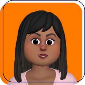 Animated avatar with straight black hair on an orange background, wearing a light pink top.