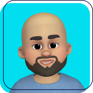 Smiling bald cartoon avatar with beard on a turquoise background