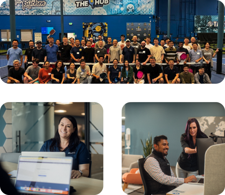 Group photo in front of a blue venue, with three office staff portraits in a white collage below.