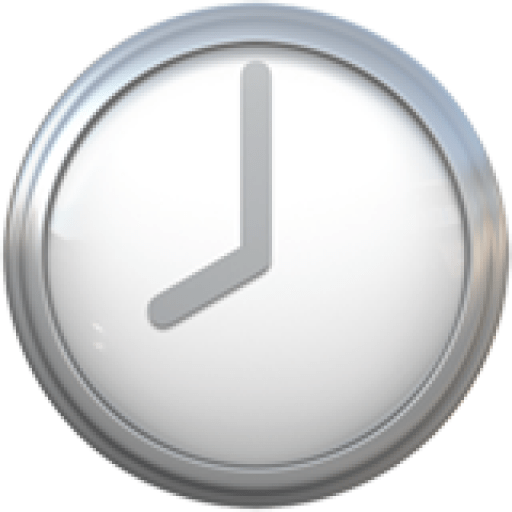 Silver analog clock icon showing time around 8:00