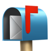 Blue mailbox with a raised red flag and open front door