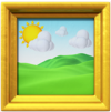 Sunlit green hills under a blue sky, framed in a golden picture frame