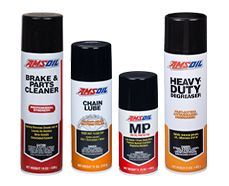 Four cans of AMSOIL automotive cleaning products: brake cleaner, chain lube, MP, and heavy duty degreaser.