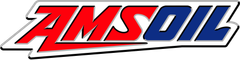 AMSOIL logo with red and blue lettering outlined in white on a slanted background.