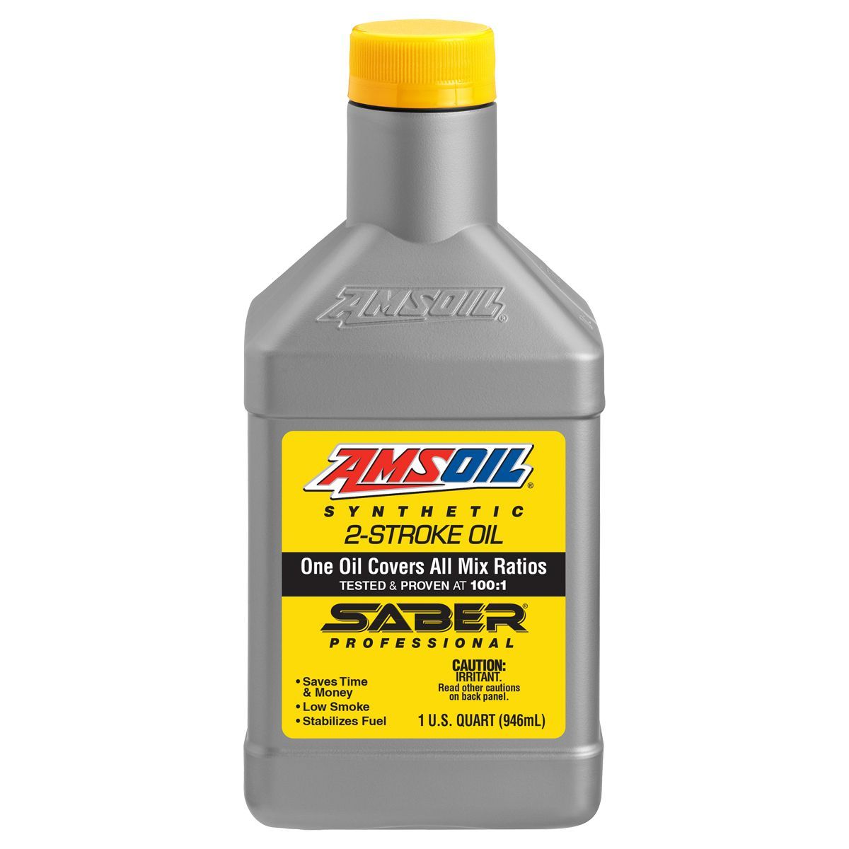 Bottle of AMSOIL Synthetic 2-Stroke Oil with yellow and black label, gray bottle, and yellow cap.