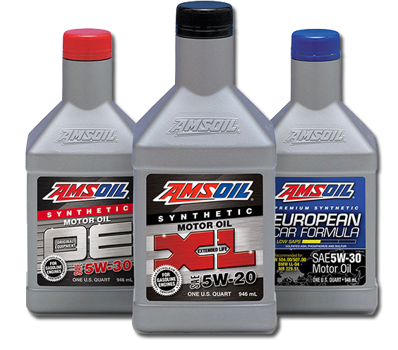 Three bottles of AMSOIL synthetic motor oil with different colored caps: red, black, and blue.