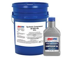 Blue bucket and bottle of AMSOIL synthetic compressor oil.