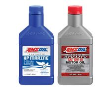 Two AMSOIL motor oil bottles: blue HP Marine 2-stroke and gray ATV/UTV 10W-40.