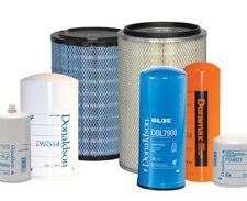 Various cylindrical air and oil filters in shades of white, blue, and orange, displayed against a white backdrop.