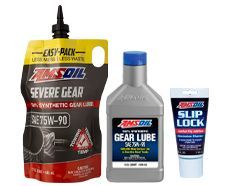 Gear oil products: AMSOIL Severe Gear 75W-90, Gear Lube 75W-90, and Slip Lock additive.
