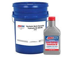 Blue bucket and gray bottle of AMSOIL hydraulic oil.