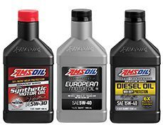 Three bottles of AMSOIL motor oil: synthetic 5W-30, European 5W-40, and diesel 15W-40.
