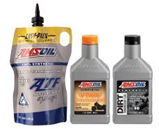 AMSOIL oil products: ATF, V-TWIN oil, and Dirt Bike oil. Three bottles and a pouch.