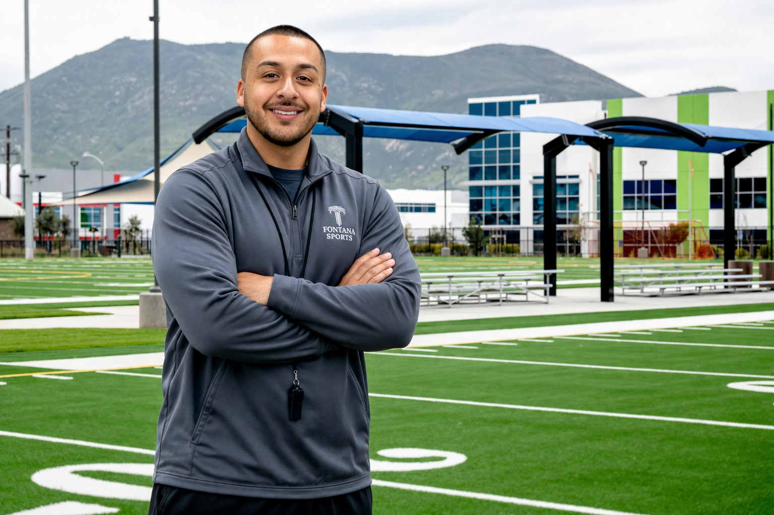Football coach with arms crossed, looking stern on a sunny field, players in the background.