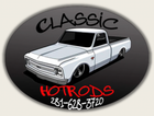 Classic Hotrods logo with white classic truck, black oval background, red text with phone number. classic hotrods of baytown tx.