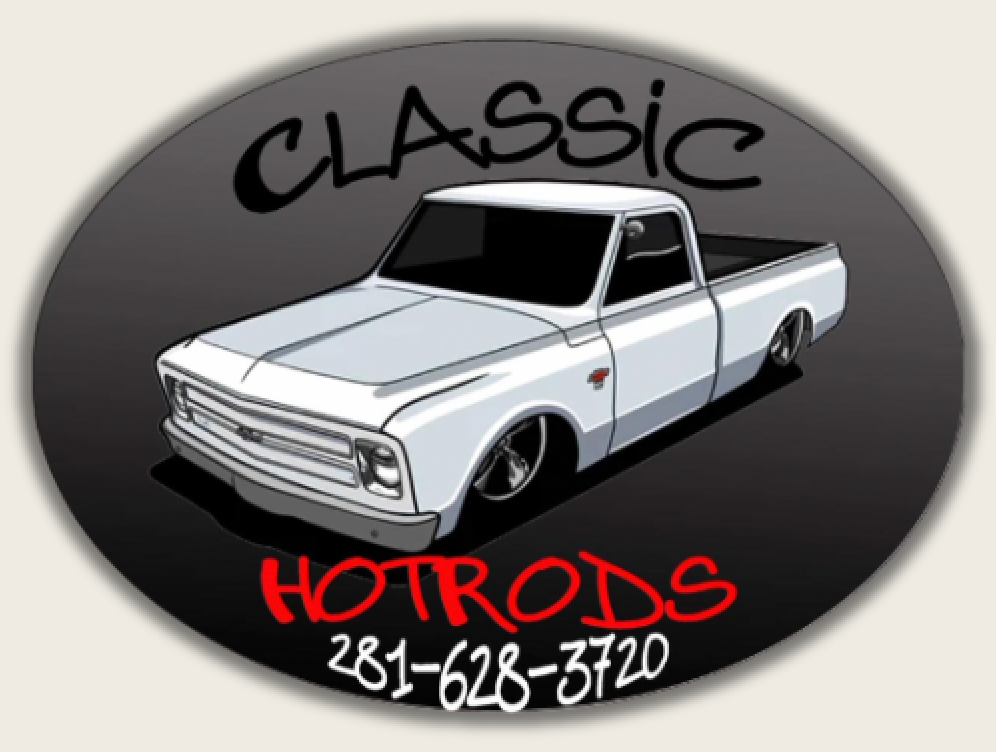 Classic Hotrods logo with white classic truck, black oval background, red text with phone number. classic hotrods of baytown tx.
