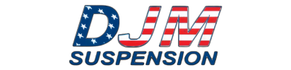 DJM Suspension logo: blue and red striped letters, American flag design, white background.