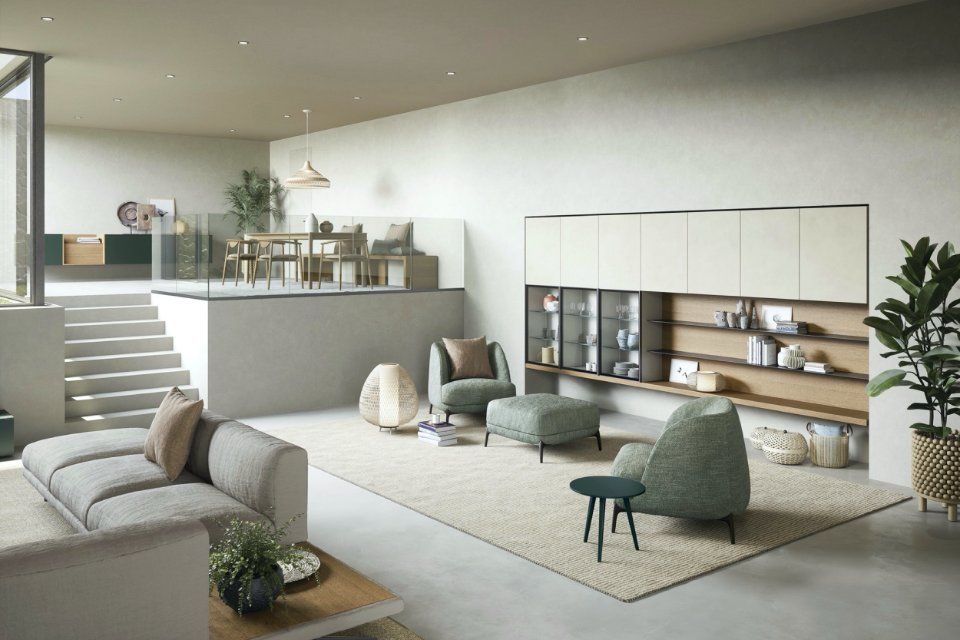 Zona giorno con mobili e complementi d'arredo moderni