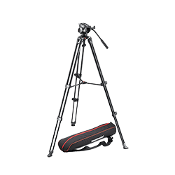 Black tripod with a fluid head and carrying case on white background.