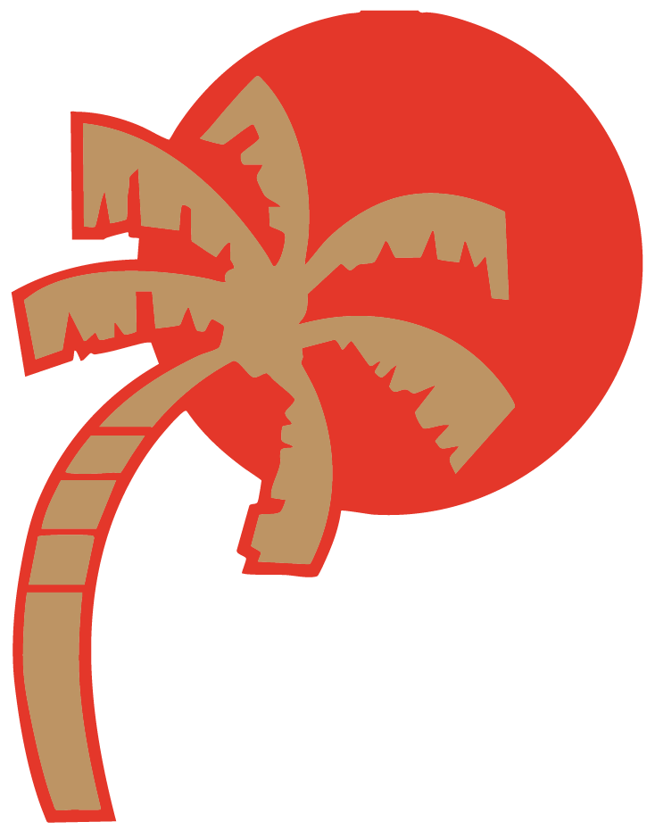 A palm tree silhouette in muted gold with a red outline, set against a large, solid red circle.