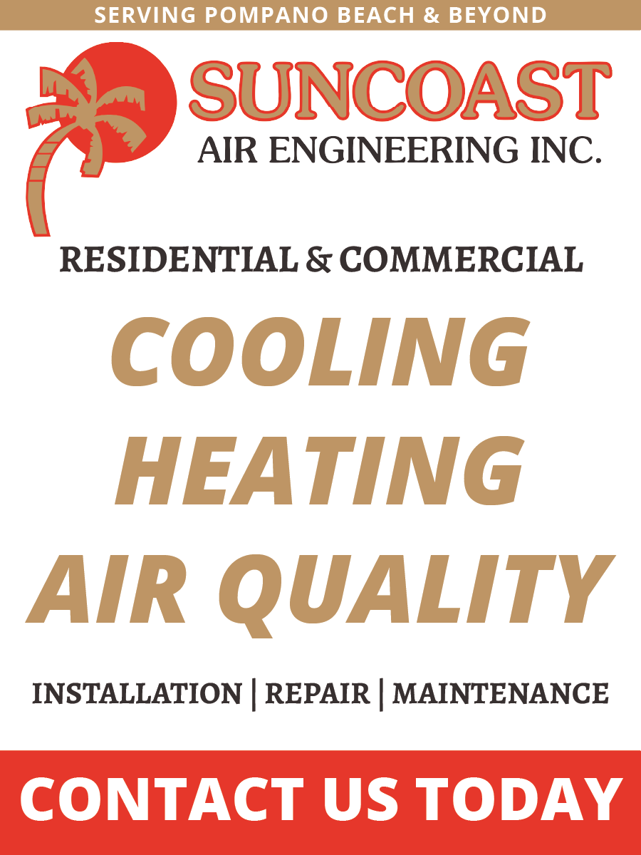 Suncoast Air Engineering Inc. advertisement for residential and commercial heating, cooling, and air quality services.