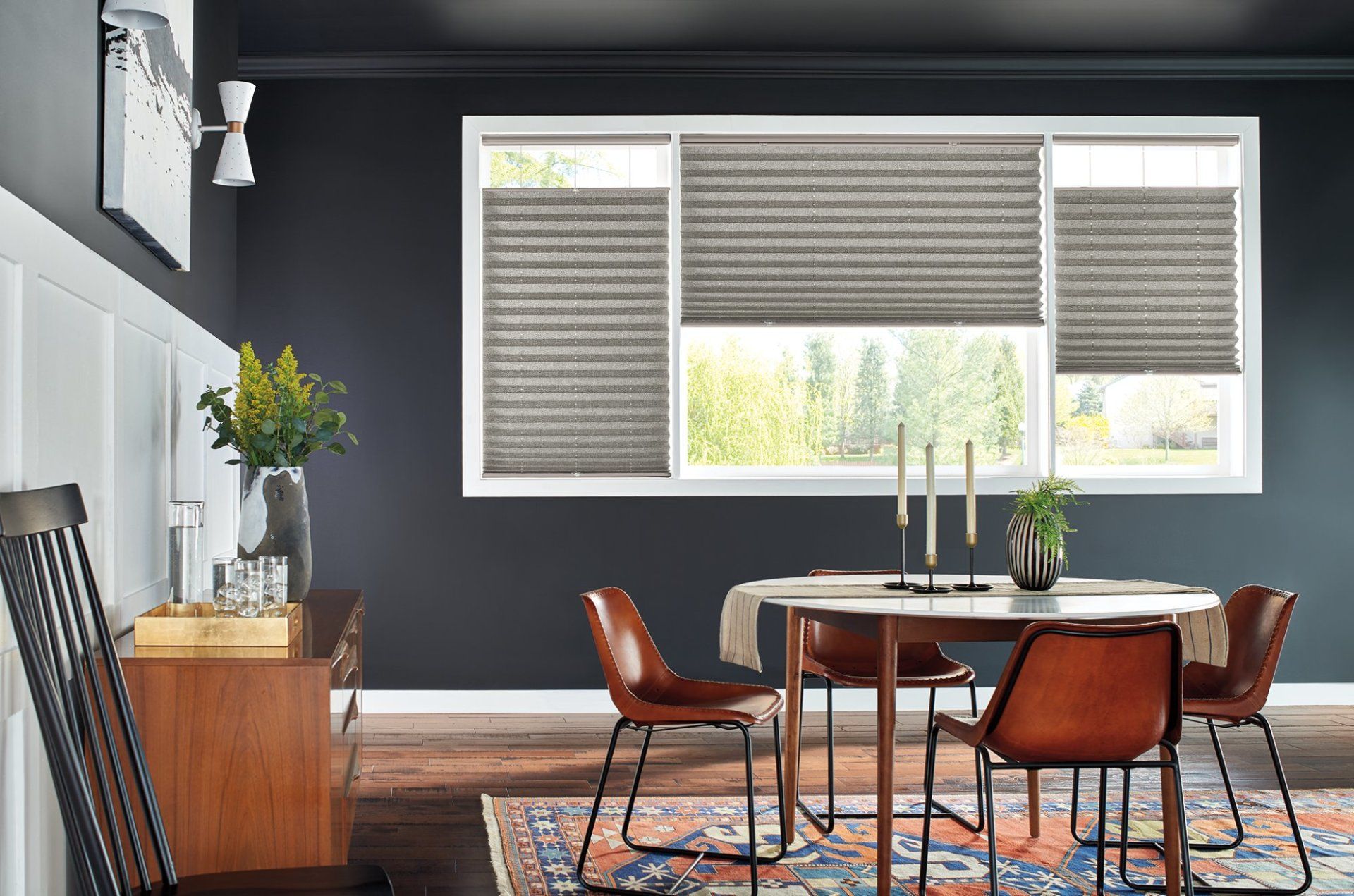 Grey and Dark Brown Study room using solid color Pleated Shades