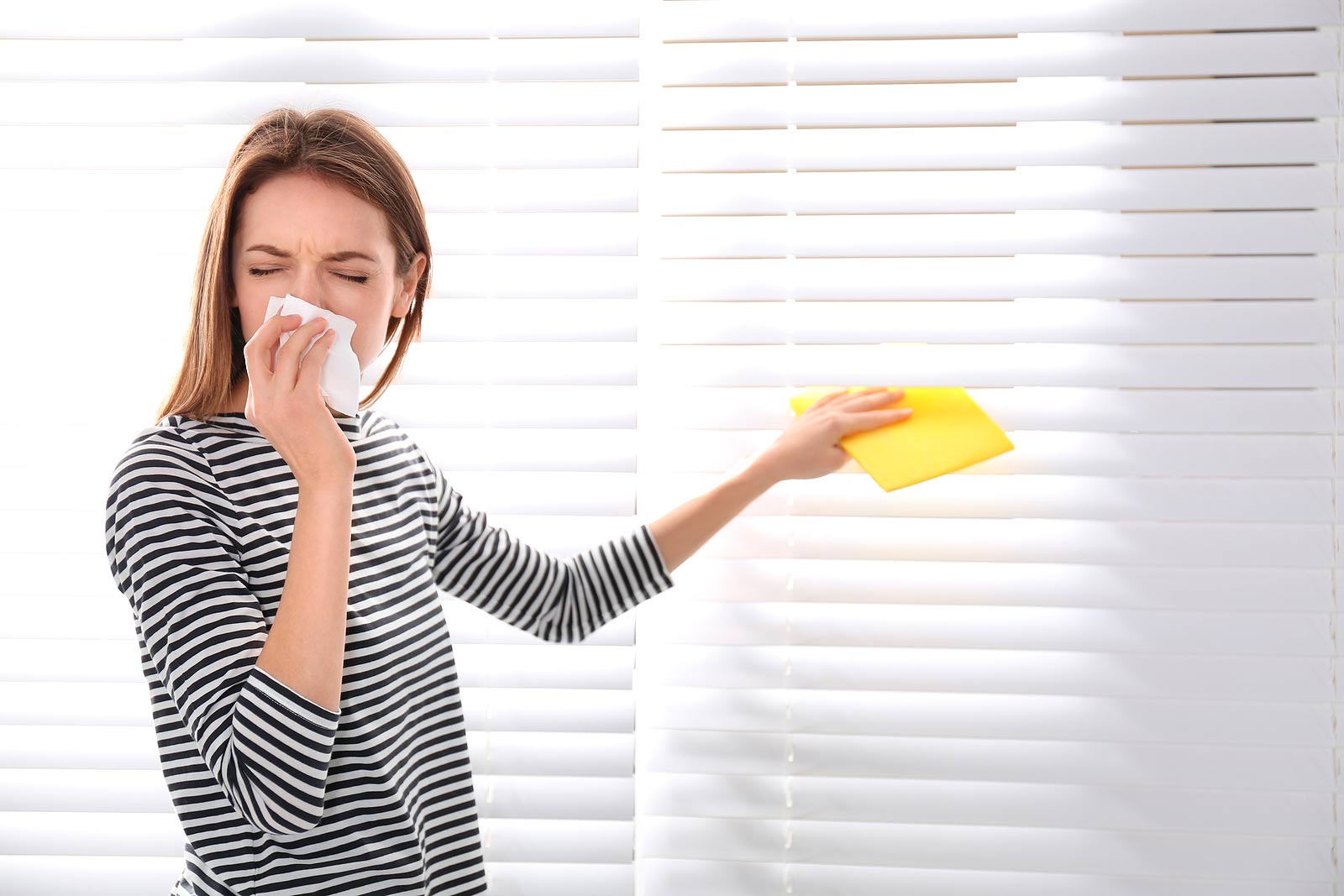 Woman cleaning wooden blinds