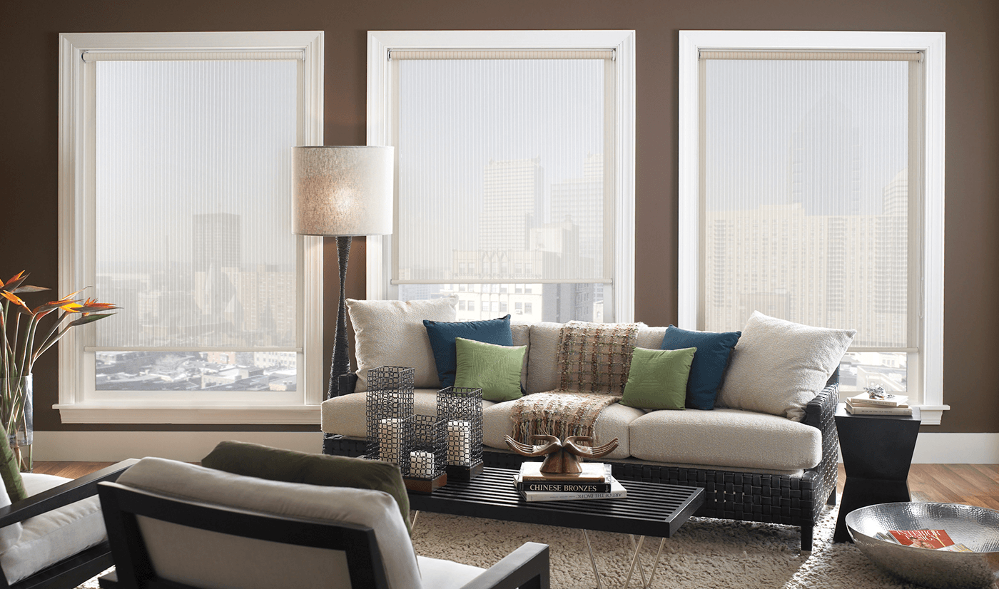 Ecru solar shades in brown and beige living room with city view