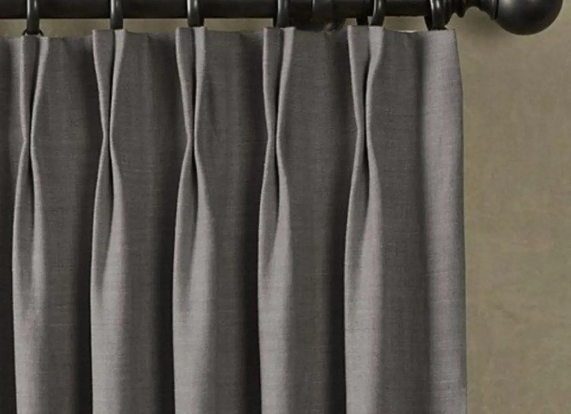 Dark Grey hanging on the black curtain rod 2 Finger Pinch Pleat