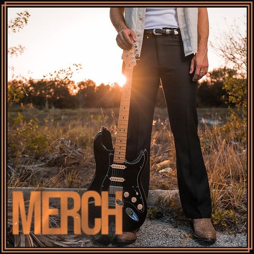 A man holding a guitar with the word merch on the bottom