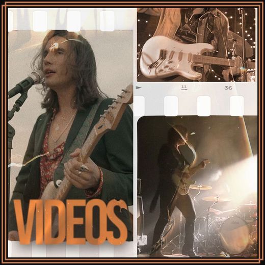 A man playing a guitar and singing into a microphone with the words videos below him
