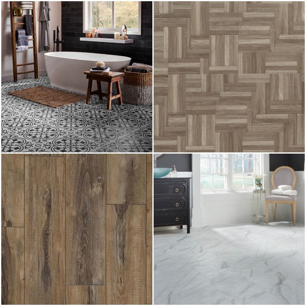 A collage of different types of flooring in a bathroom