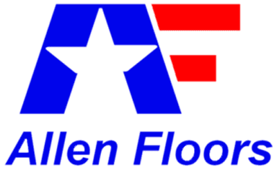 A blue and red logo for allen floors