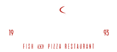 Il logo di un ristorante di pesce e pizzeria con una freccia rossa che punta a destra.
