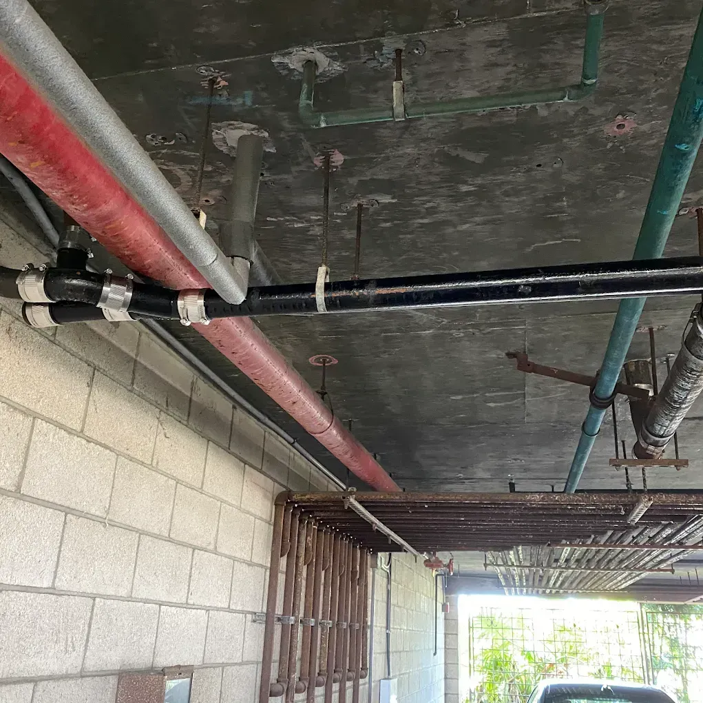 Ceiling with various pipes: red, gray, black, green. A brick wall and metal gate are visible below.