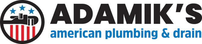 Logo for Adamik's American Plumbing & Drain featuring a circular emblem with plumbing tools, stars, and stripes.