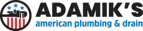 Logo for Adamik's American Plumbing & Drain featuring a circular emblem with plumbing tools, stars, and stripes.