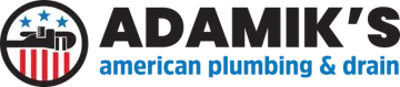 Logo for Adamik's American Plumbing & Drain featuring a circular emblem with plumbing tools, stars, and stripes.