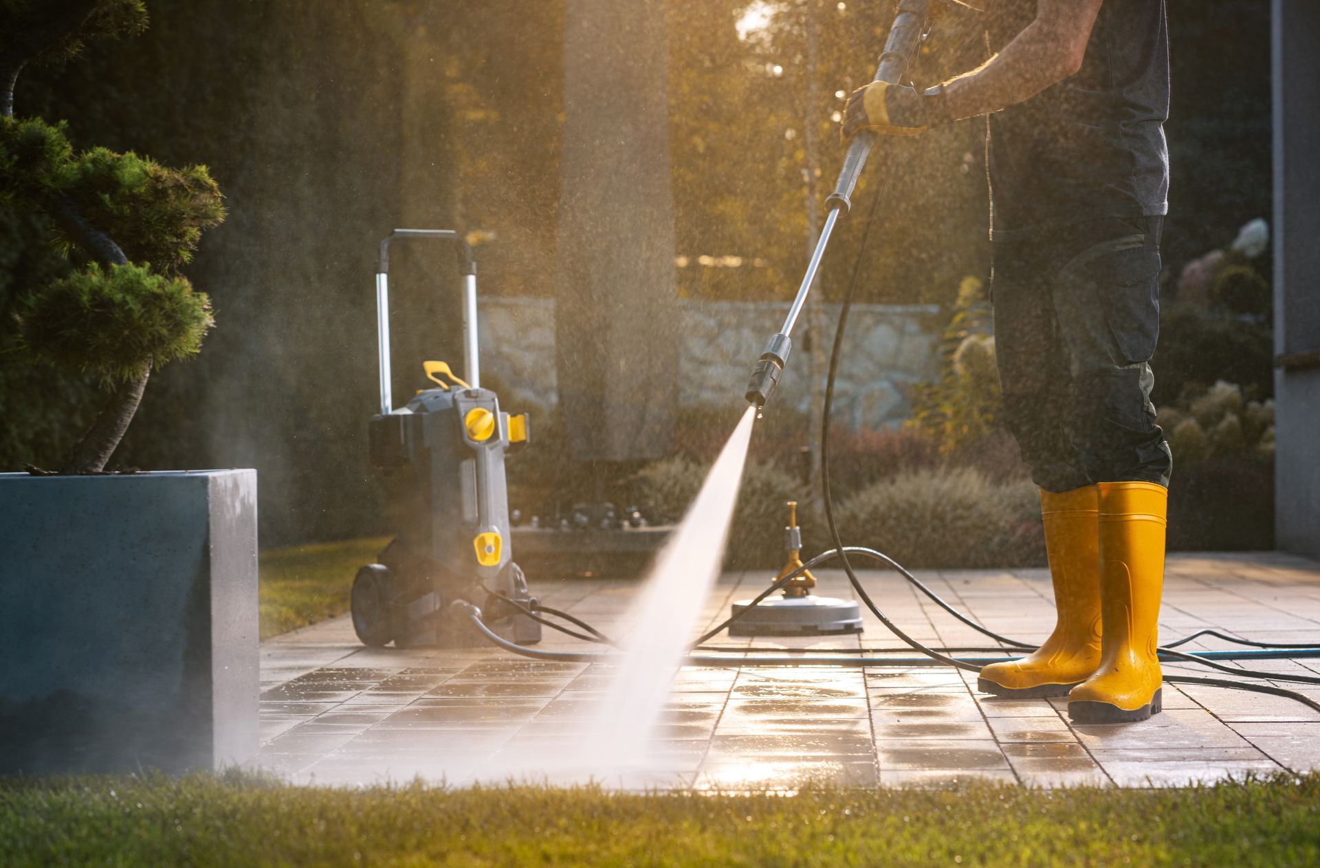 A person in yellow boots uses a pressure washer to clean a paved patio in a garden during the day.