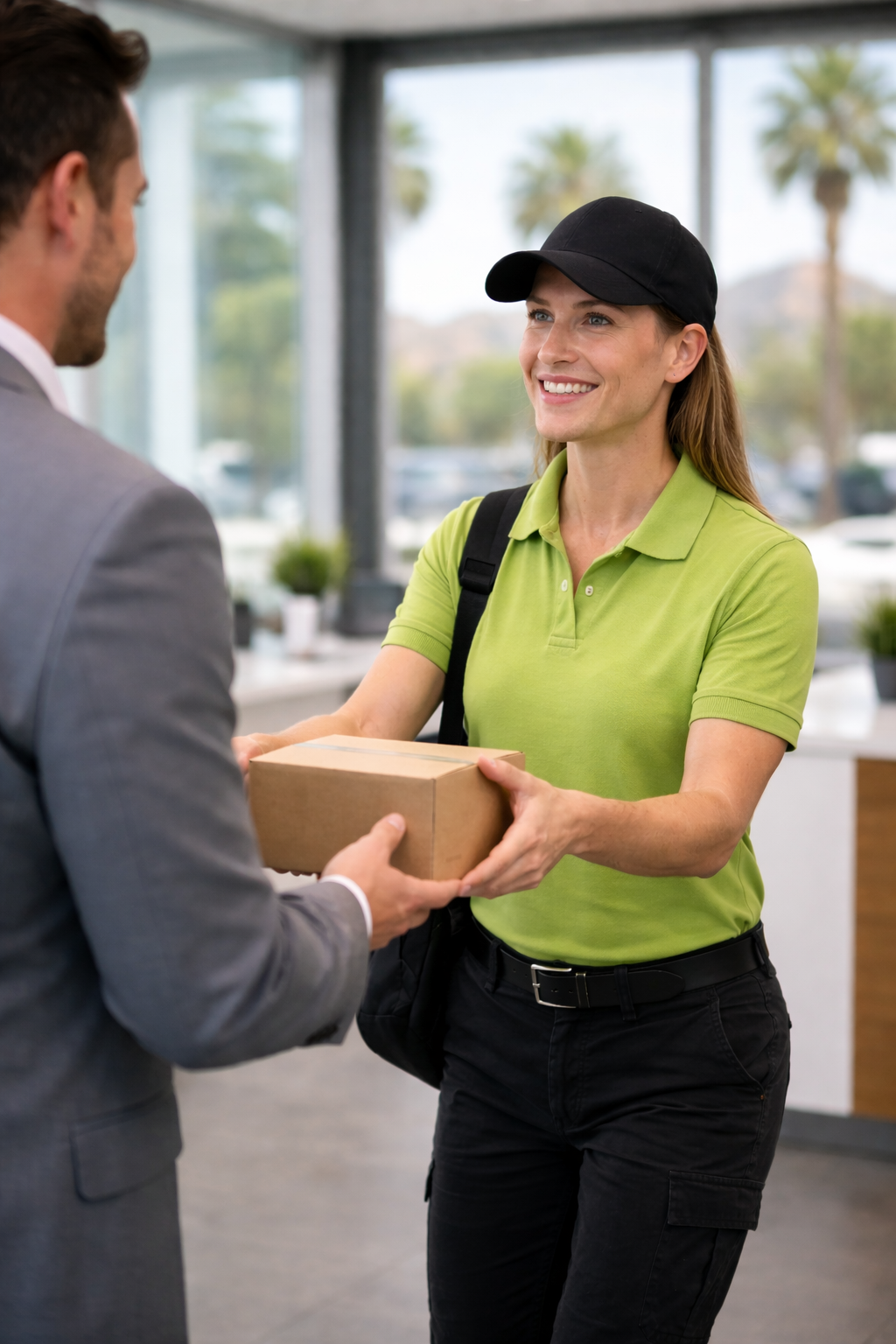 Delivery person handing a cardboard package to a man in a business suit indoors.