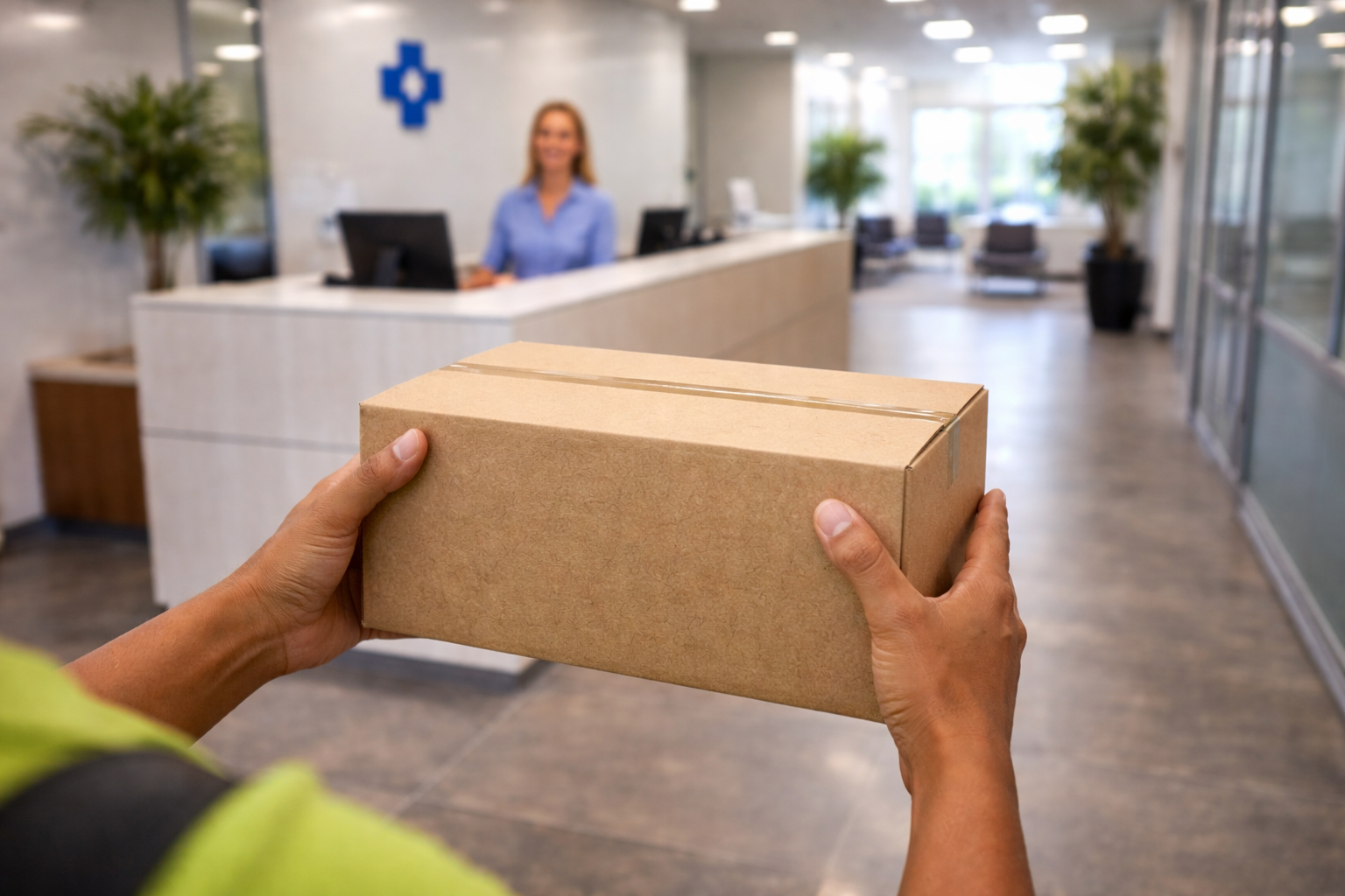 Delievery driver wearing a lime green polo delivering a package at an office