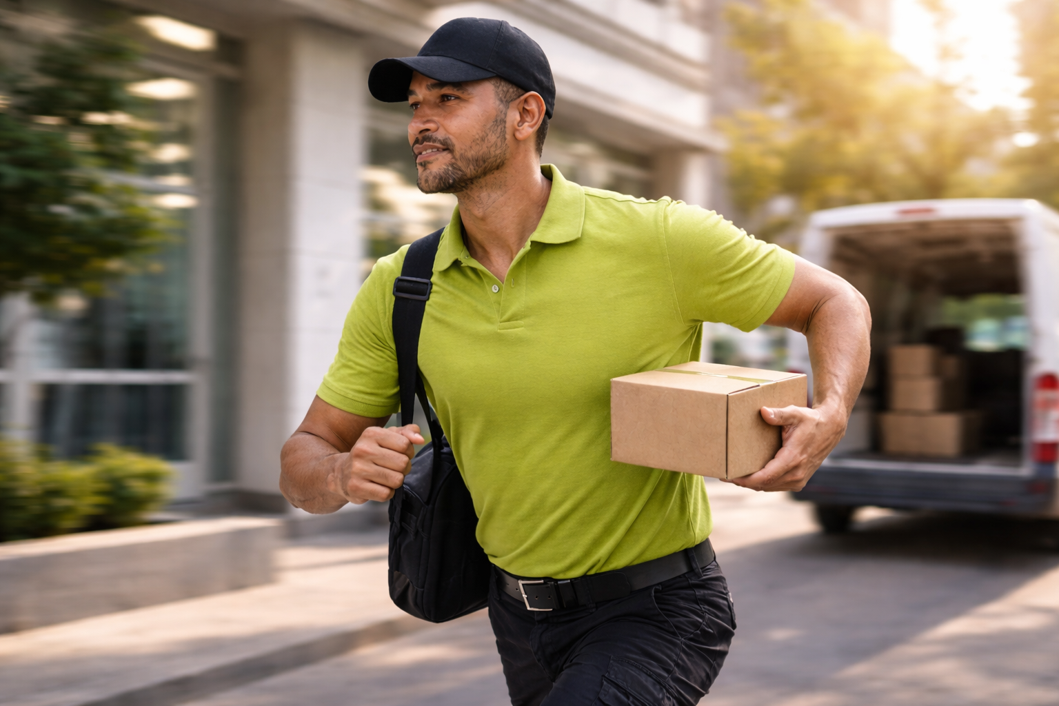 A delivery man is standing in front of a delivery van.