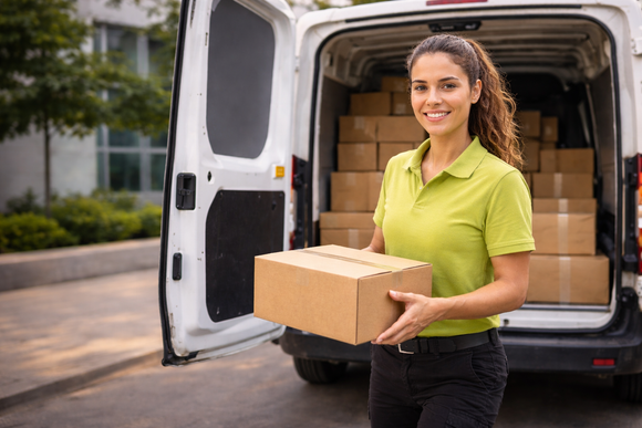 Delivery person holding a package, smiling near a van filled with boxes.